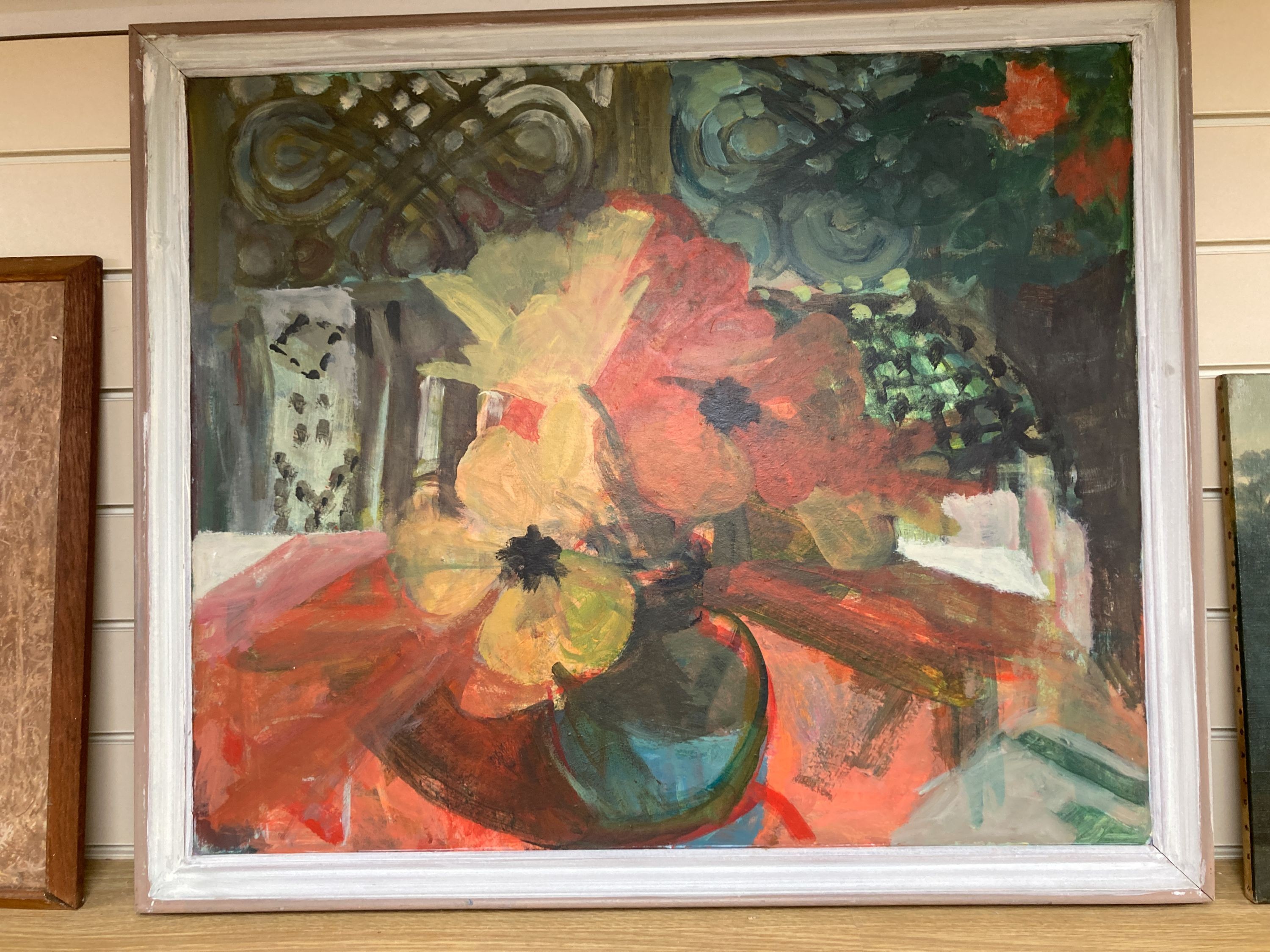 Myrta Fisher (1917-1999), acrylic on board, 'In The Sunroom, Concentration’, label verso, 62 x 74cm.